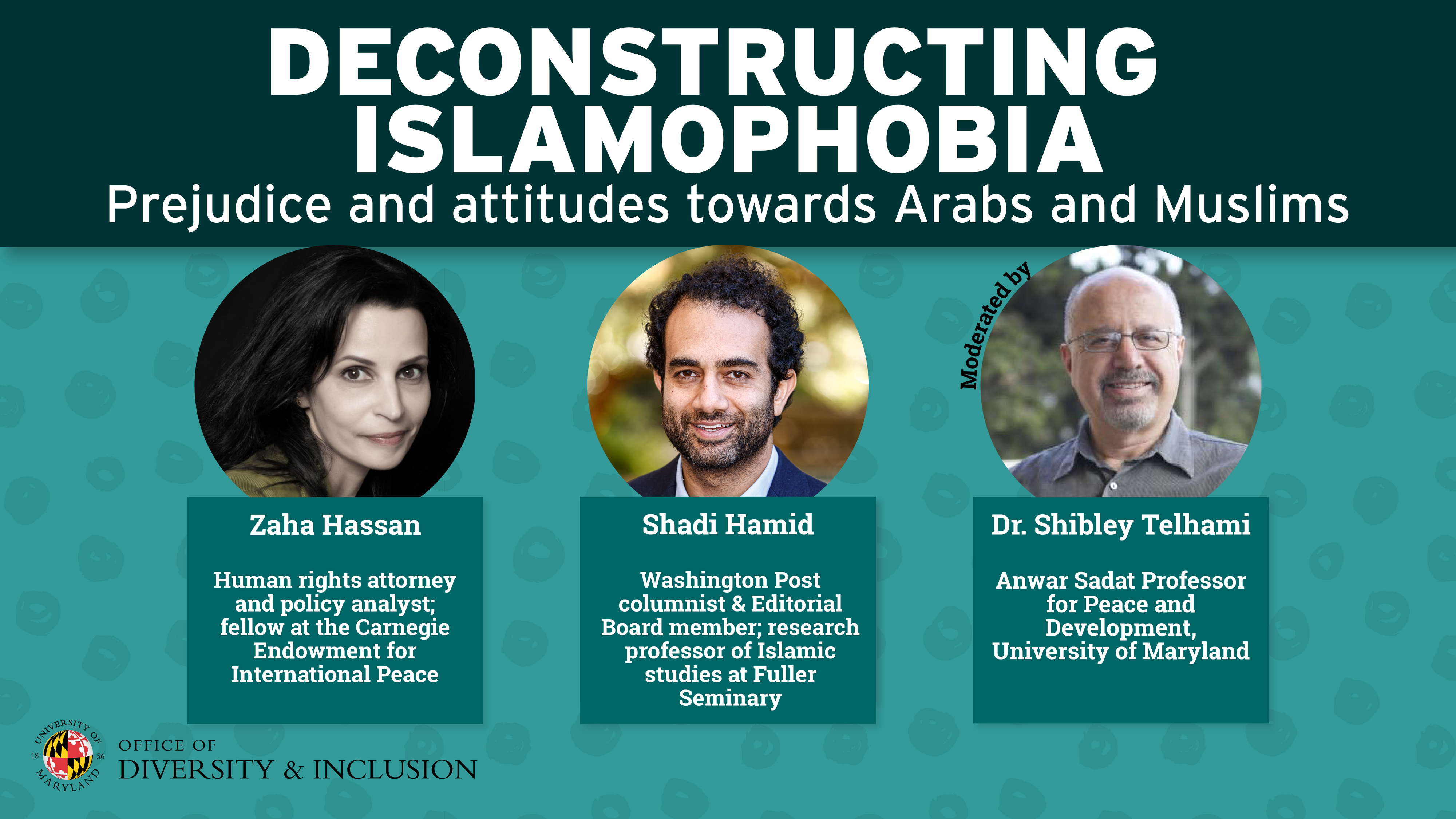 Headshots of the three panelists on a flyer for the Deconstructing Islamophobia webinar