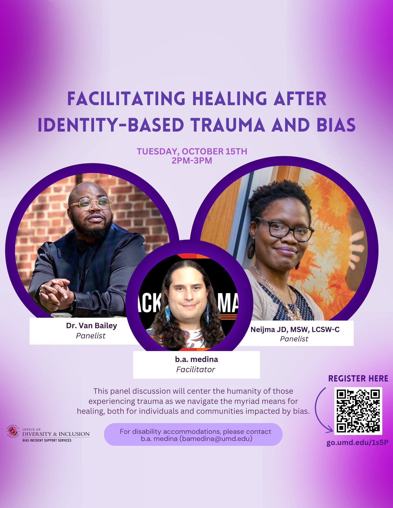 Flyer for Facilitating Healing after Identity-Based Trauma and Bias with photos of the panelists