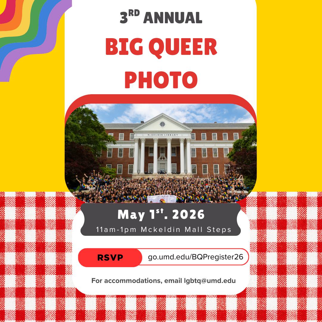 A yellow backdrop and a picnic blanket pattern with last year’s Big Queer Photo pictured and the event details. A rainbow covers one corner of the image.