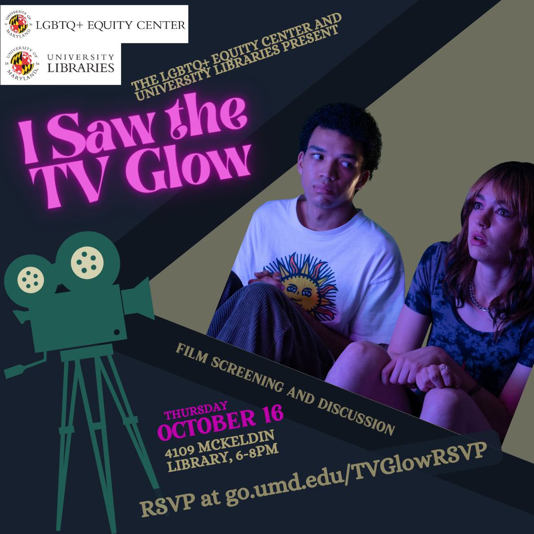 I Saw the TV Glow film screening and discussion on Thursday, October 16. Two young people looking scared and uncertain while watching a film