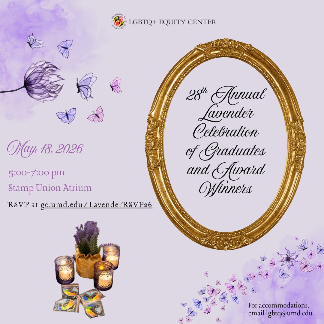 A lavender image with candles, butterflies, and the name of the event in a golden frame. The event details are written on the side.