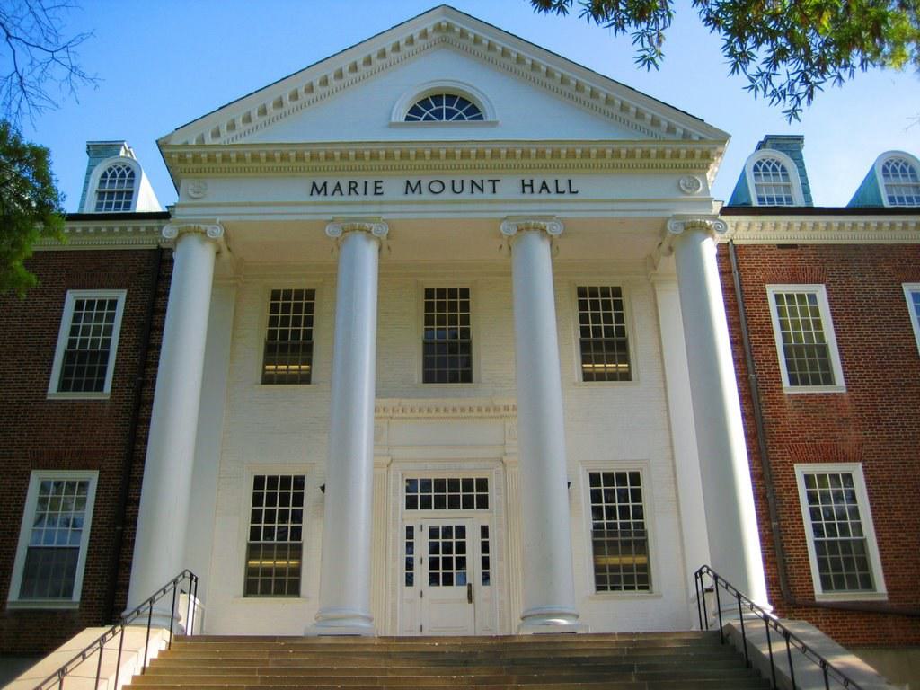The front entrance of Marie Mount Hall.