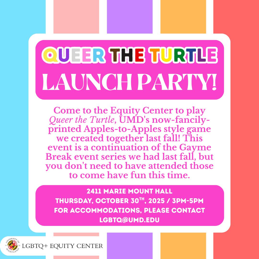 Colorful stripes overlaid with the Queer the Turtle logo and the event description.
