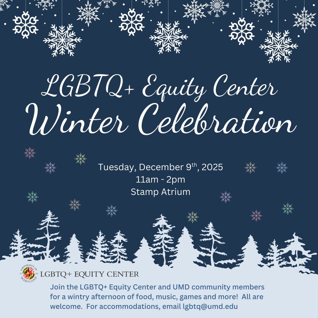 A wintry landscape with snow and silhouettes of trees, on top of which the event name and description are written. At the top of the image, large white snowflakes hang on thin strings, while small snowflakes in rainbow colors float around some of the text elsewhere.