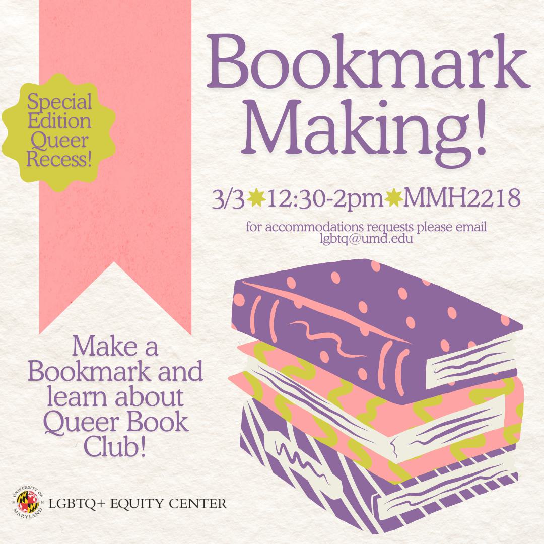 Square graphic with a light pink background, purple and pink books, a pink bookmark, and event detaiks.