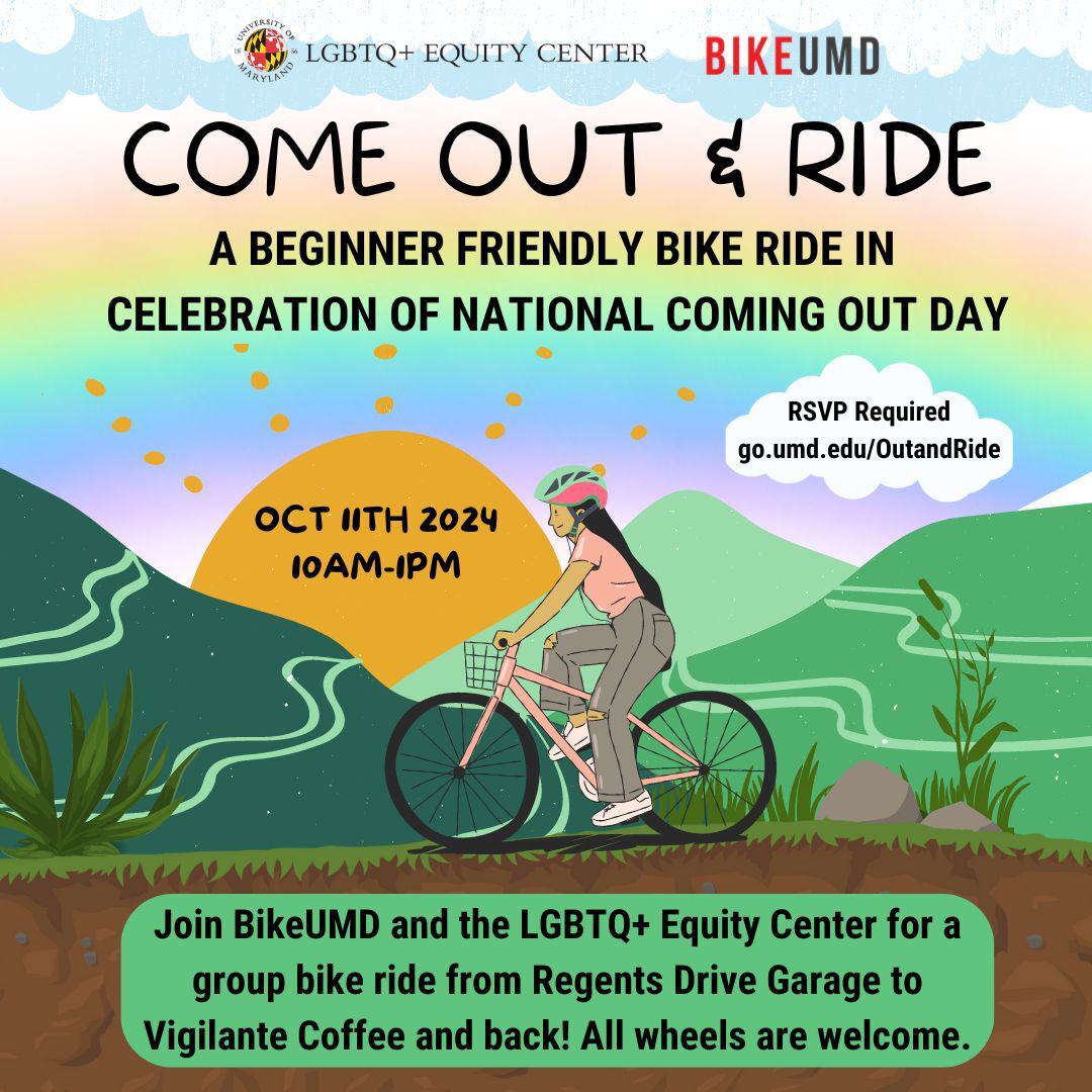 A square graphic showing a person bike riding through green hills with a rising sun and rainbow in the background. Event details are included.