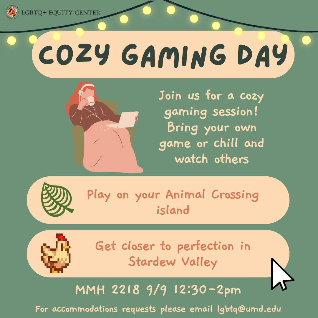 Square graphic showing a cartoon gamer and Cozy Gaming event details.