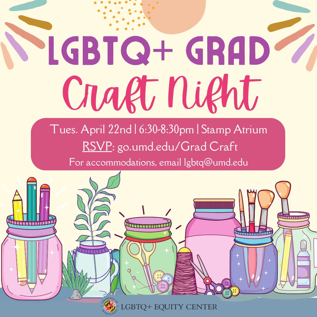 Square graphic showing pastel craft supplies and LGBTQ+ Grad Craft Night event details.