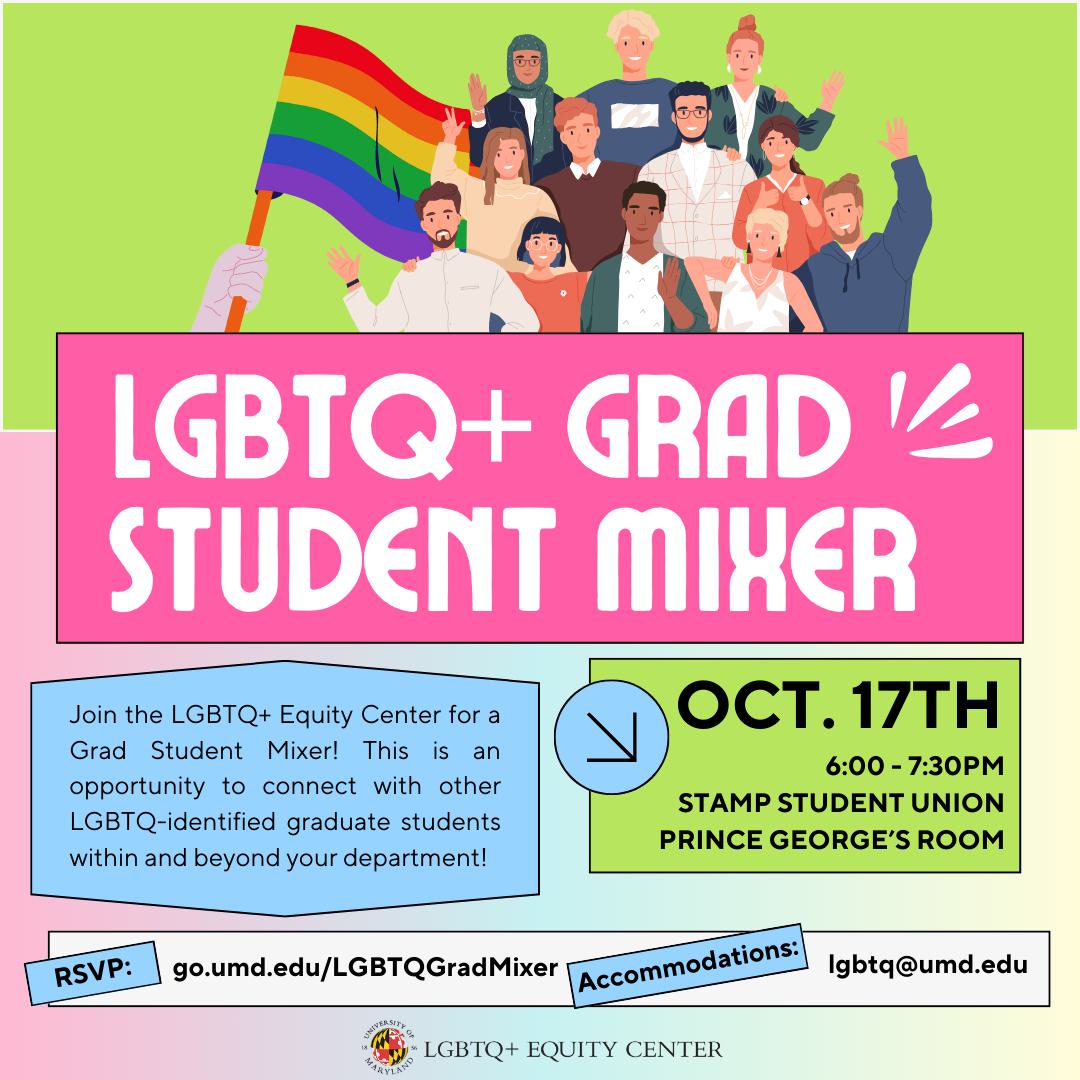 A square graphic with a pink and green gradient background showing people standing in front of a pride flag and event details.