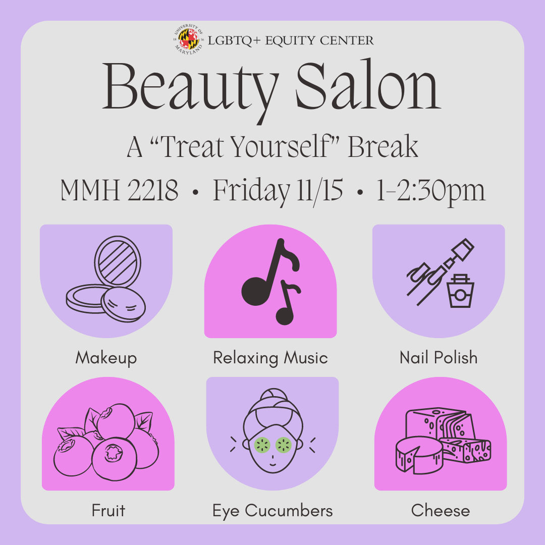 Pink and purple square graphic with icons depicting traditional beauty routines and showing event details.