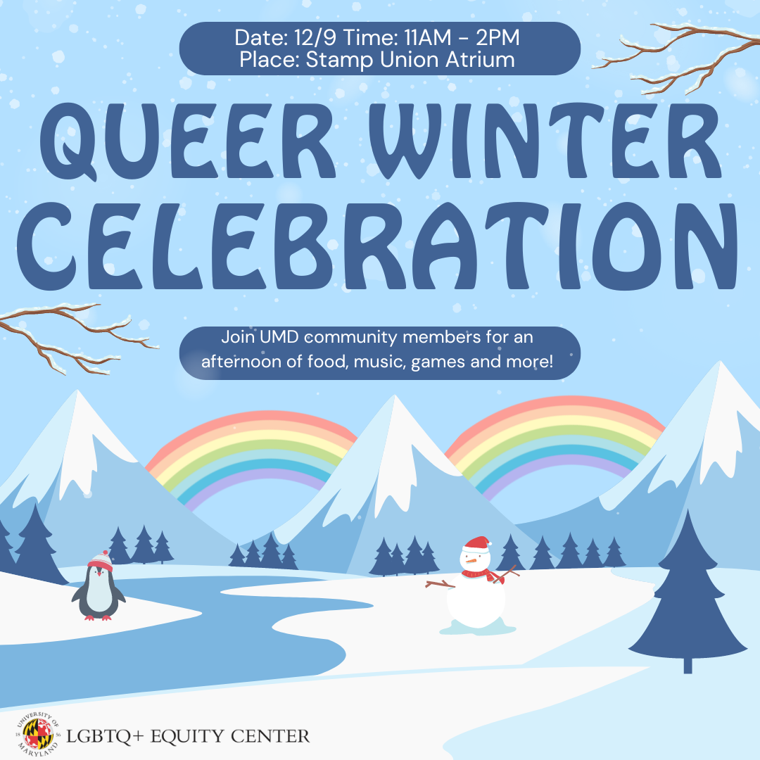 Square graphic showing a winter landscape with rainbows on the horizon and event details.