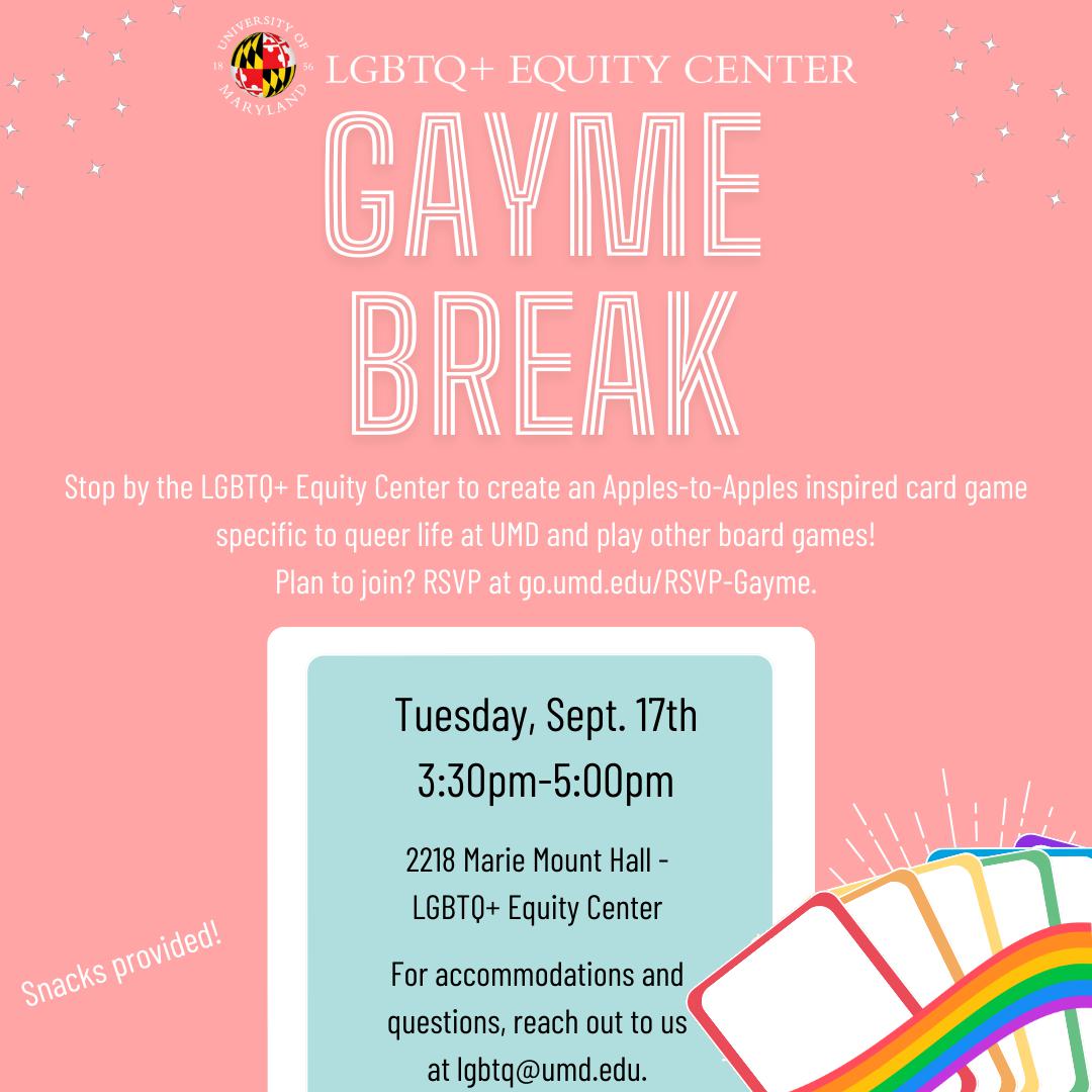 Square graphic with a peach background showing rainbow playing cards and event details.