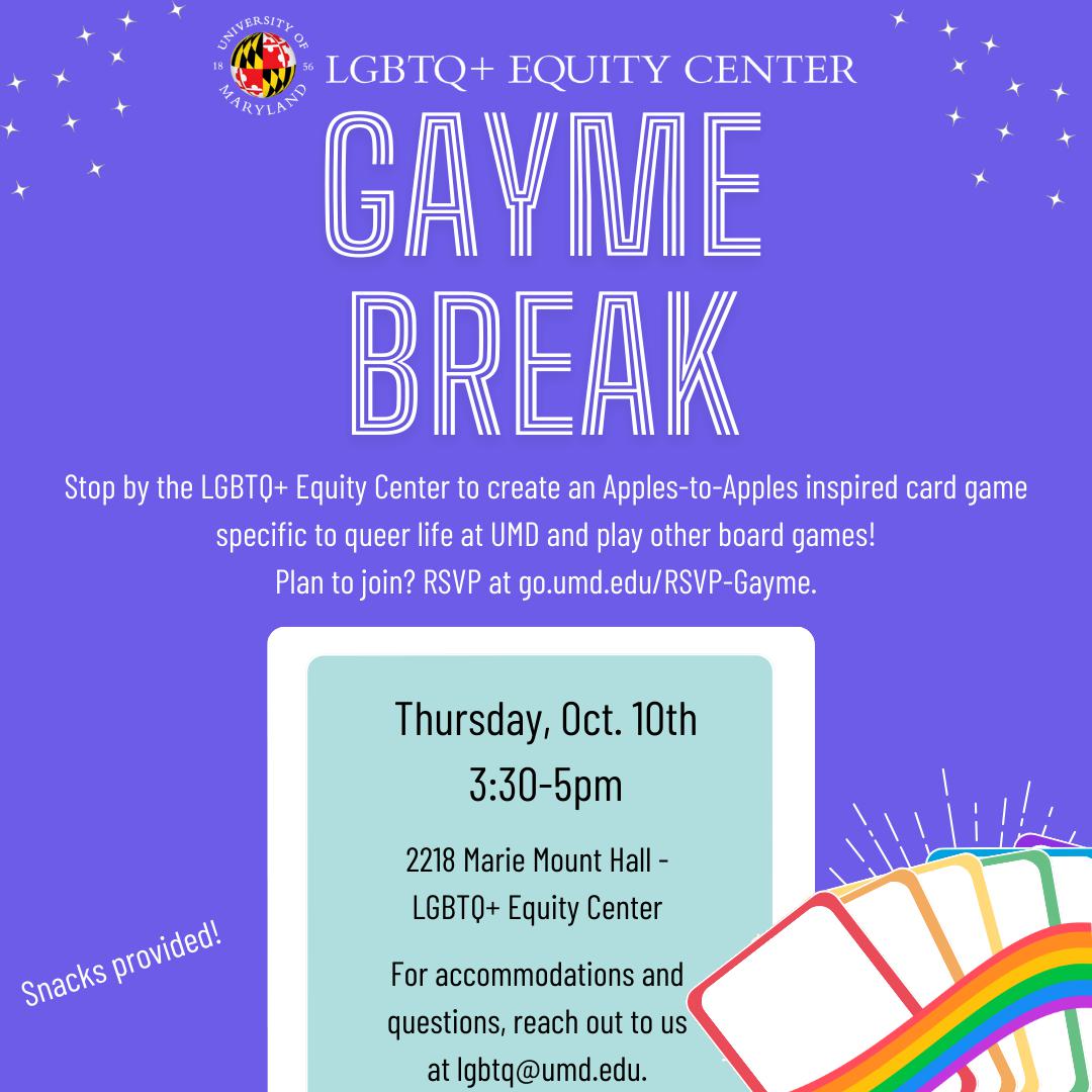 Square graphic with a purple background showing rainbow playing cards and event details