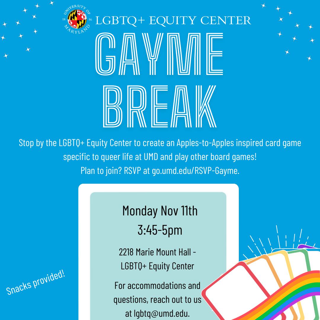A square graphic with a blue background showing rainbow playing cards and event details.
