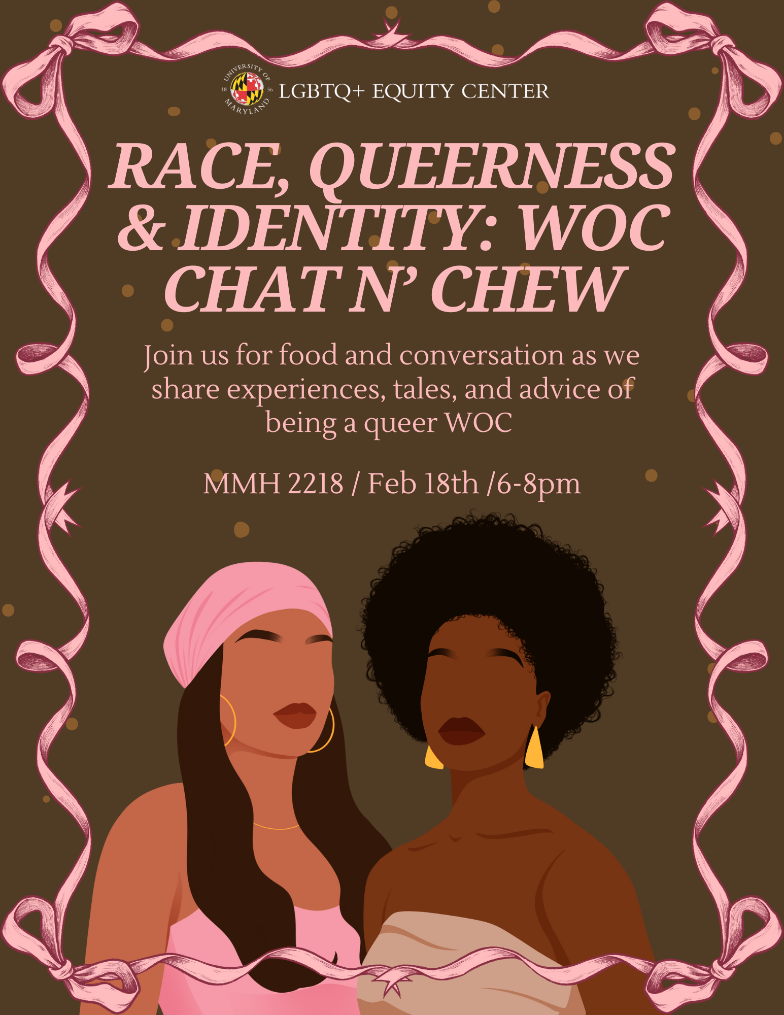 Flyer with a brown background, pink ribbon borders, two WOC, and event event details.