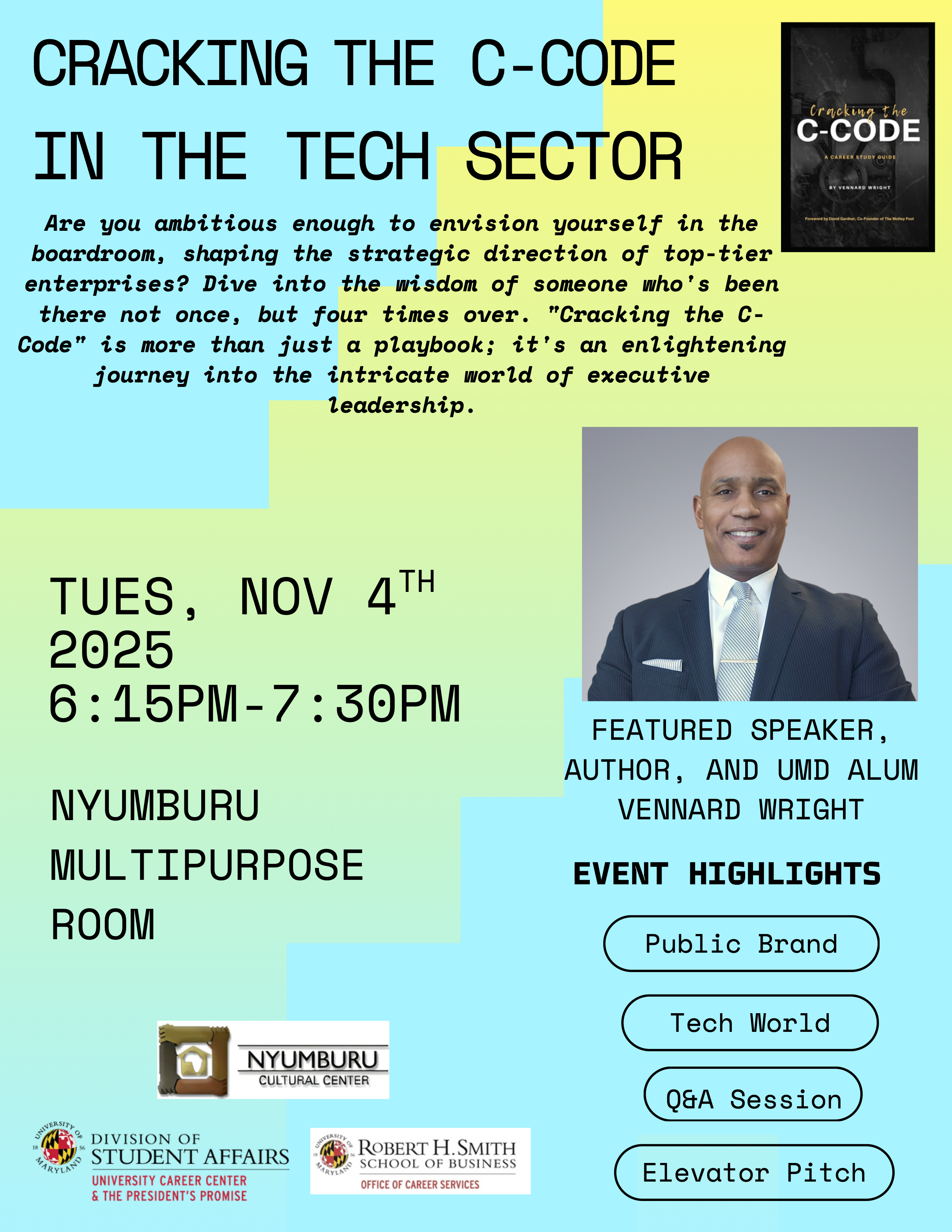 Cracking the C-Code in the tech sector author talk. Details are repeated with a headshot of author Vennard Wright
