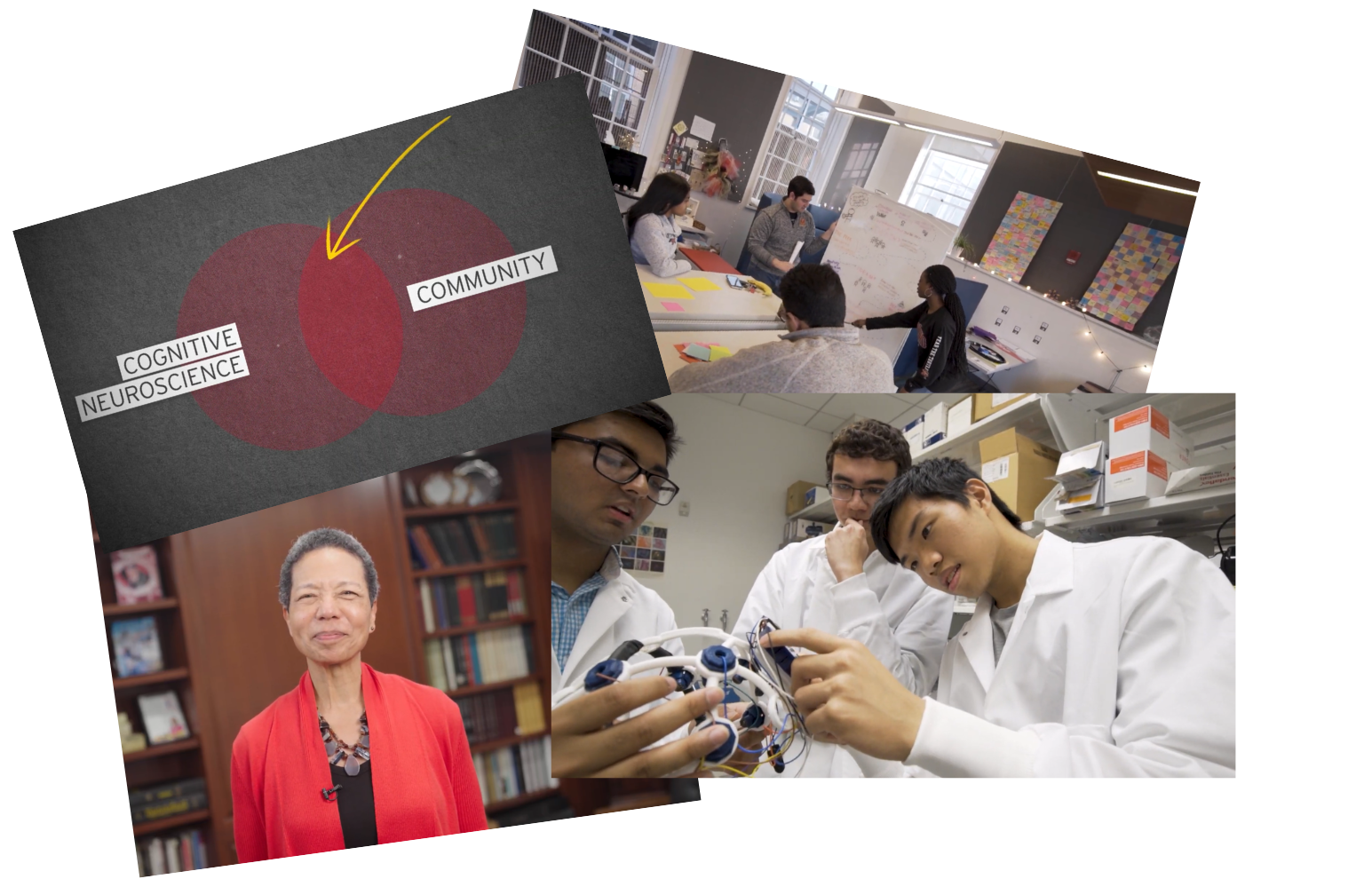 still images from TerrapinSTRONG Course, including headshot of Dr. Georgina Dodge (light-skinned black and Korean woman with short hair), a Venn diagram pointing to the overlap between cognitive neuroscience and community, students in a classroom and students in a lab wearing labcoats